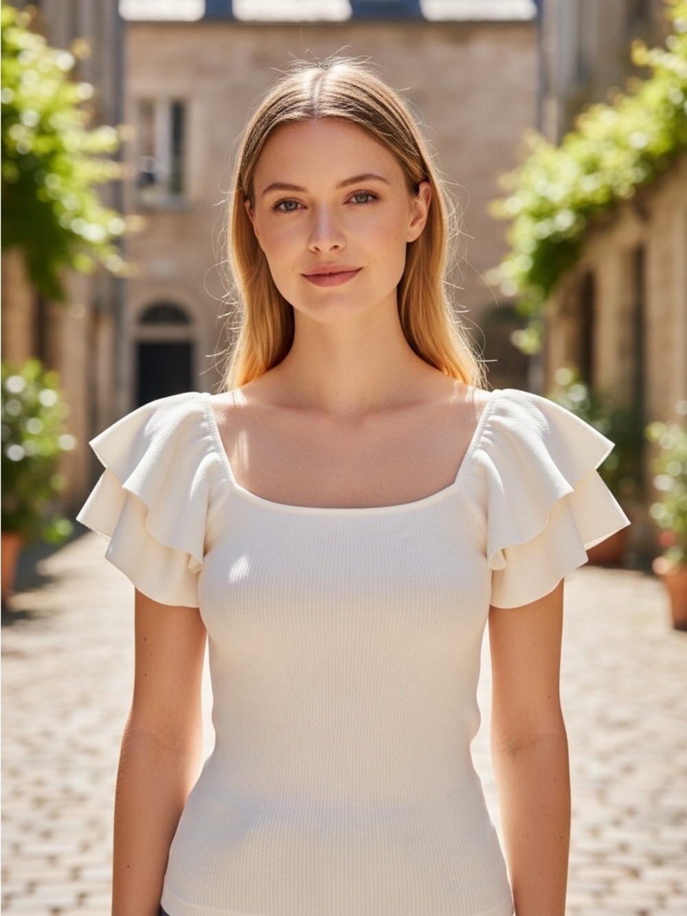 Women’s Cream Ruffle Sleeve Knit Sweater